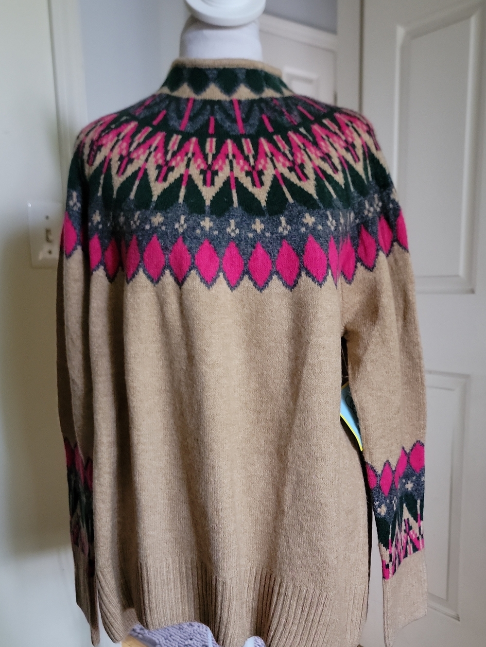 CeCe Beige Fair Isle Crewneck Sweater with Pink & Dark Green Accents